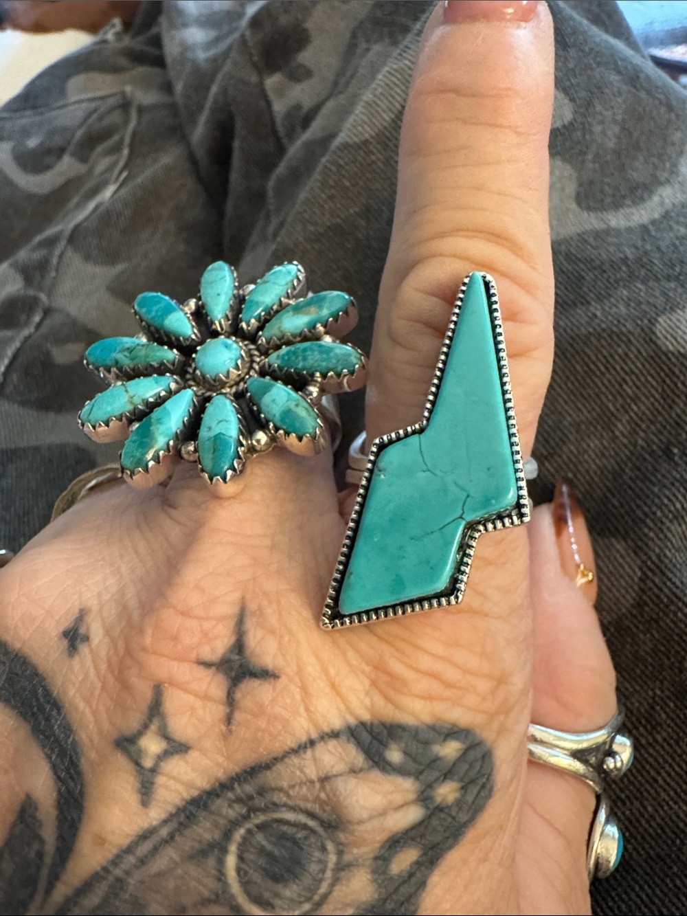 Navajo Turquoise Cluster and Geometric Stone Rings 925 silver